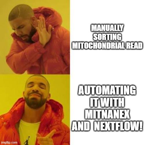 Drake rejects manually sorting mitochondrial reads but approves automating it with MITNANEX & Nextflow.
